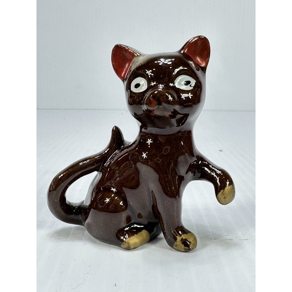 Vintage Redware Japan Kitten Cat Figurine Red Ears Brown Glazed Trinket MCM